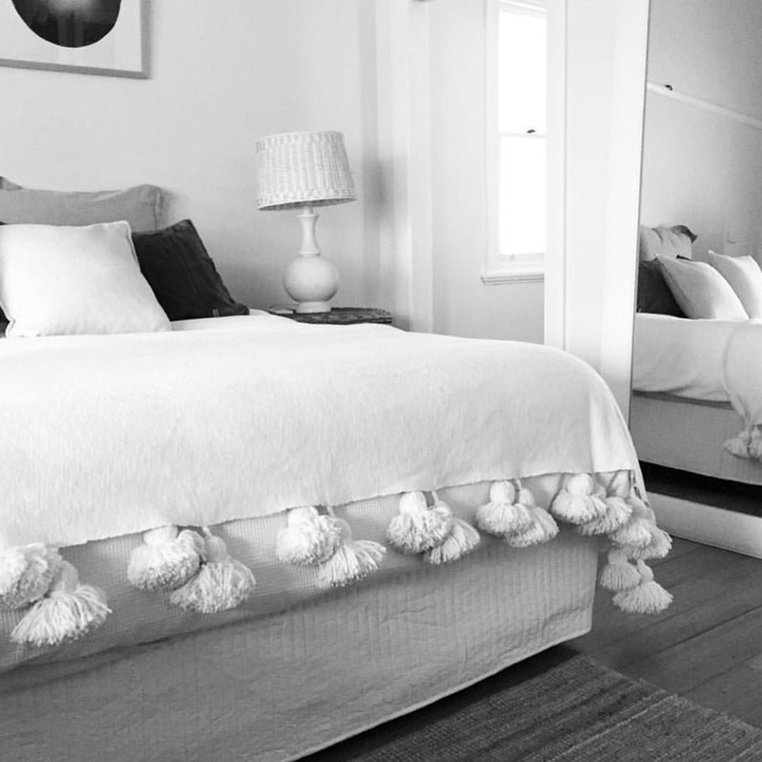 White Moroccan Pompom Blanket, Moroccan Blanket, Cotton Blanket Throw