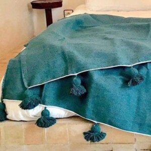 Turquoise Pompom Blanket,Boho Blanket,Berber Blanket,Handwoven Blanket,moroccan throw blanket,bed spread,woven blanket,bed throw with tassel image 4