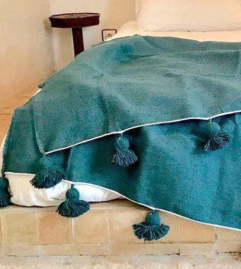 Turquoise Pompom Blanket,Boho Blanket,Berber Blanket,Handwoven Blanket,moroccan throw blanket,bed spread,woven blanket,bed throw with tassel image 4