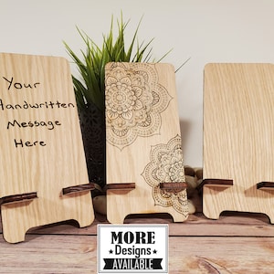 Custom Wood Phone Stand with Personalized Message (Handwritten or Typed), Graphic, or Blank
