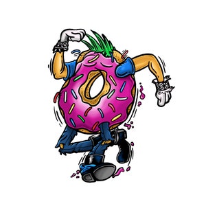 May include: A cartoon illustration of a donut character with a pink frosted top and colorful sprinkles. The donut has arms, legs, and a green mohawk. It is wearing a blue shirt and ripped jeans, with black boots and wristbands.