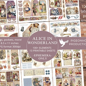 Journal éphémère d'Alice au pays des merveilles, imprimable, plus de 100 étiquettes, plis, enveloppes, autocollants, coupes difficiles, ex-libris, pochettes