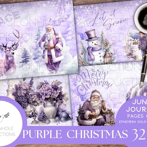 Pages mauves du journal de Noël, imprimables, 32 collages, scènes de Noël hivernales avec et sans doublure, beaux violets, lavandes, père Noël