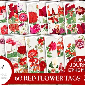 60 etiquetas de diário de lixo de flores vermelhas, IMPRIMÍVEIS, para registro em diário, scrapbooking, artesanato em papel, planejadores, criação de cartões, colagens, decupagem e muito mais!