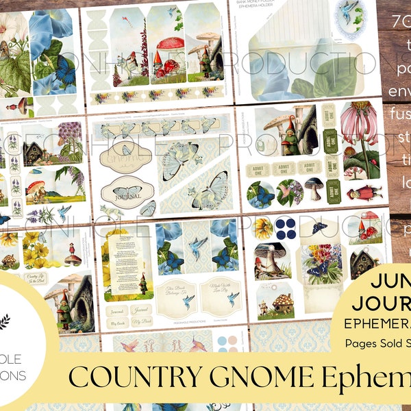 Country Gnome Junk Journal EPHEMERA—PRINTABLE—70+ tags, tucks, pockets, envelopes, fussy cuts, stickers, tickets, labels, bookplates