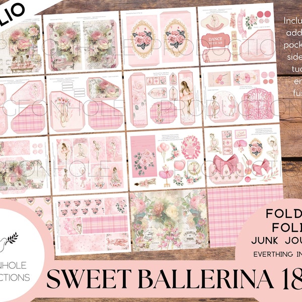 Sweet Ballerina Junk Journal FOLIO, PRINTABLE, cover, backings, pockets, belly band, tags, envelope, fussy cuts, more, very pretty kit!