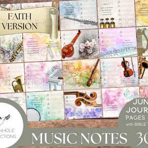 May include: A digital printable junk journal kit with 30 pages featuring musical instruments and Bible verses. The kit includes a variety of instruments, including a harp, a saxophone, a violin, a flute, a piano, a guitar, and a drum. The pages are decorated with watercolor washes and floral designs.