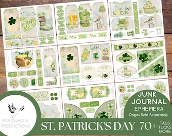 St. Patrick's Day Junk Journal EPHEMERA—PRINTABLE—70+ cute tags, tucks, pockets, envelopes, fussy cuts, stickers, tickets, labels