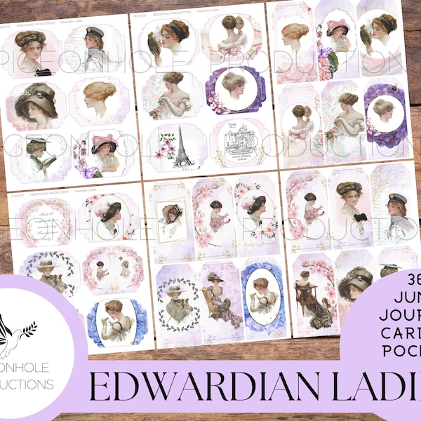 36 Edwardian Ladies Junk Journal Cards & Pockets, PRINTABLE, tribute to Harrison Fisher's illustrations—coordinating journal sold separately