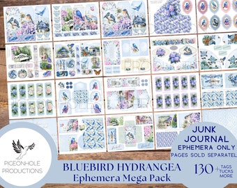 Bluebird Hydrangea Junk Journal EPHEMERA, PRINTABLE, 130+ tags, tucks, pockets, envelopes, fussy cuts, stickers, tickets, labels, bookplates