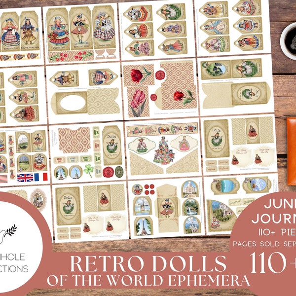 Retro Dolls of the World Junk Journal EPHEMERA, PRINTABLE, 110+ tags, tucks, pockets, envelopes, fussy cuts, stickers, tickets, labels, more