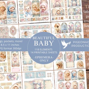 Bellissimo Baby Junk Journal EPHEMERA, STAMPABILE, 118 schede di diario, etichette, pieghe, tasche, buste, tagli elaborati, adesivi, biglietti, etichette