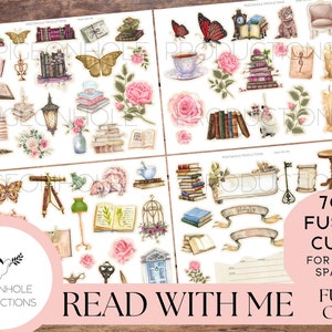 Read With Me Junk Journal TAGLI PICCOLI - STAMPABILI - Oltre 70 ritagli di libri, gattini, rose, bevande calde - aggiungi al kit Read With Me Junk Journal