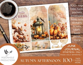Autumn Afternoon Junk Journal EPHEMERA, PRINTABLE, 100+ autumn/fall tags, tucks, envelopes, stickers, fussy cuts, bookplates, pockets, more!