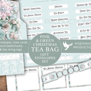 Envelopset kerstthee, AFDRUKBAAR, 14 enveloppen met notitiekaarten, stringtags, woordlabels/zakjes/etuis, past op standaard theezakjes