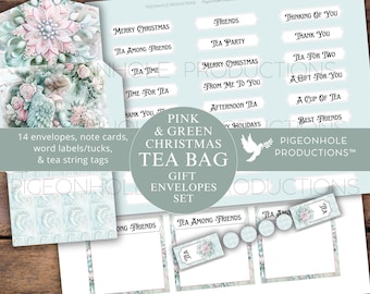 Envelopset kerstthee, AFDRUKBAAR, 14 enveloppen met notitiekaarten, stringtags, woordlabels/zakken/etuis, past op standaard theezakjes