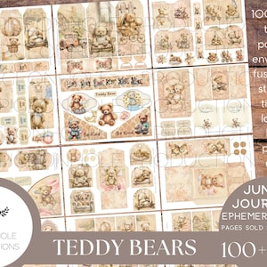 Journal éphémère ours en peluche, imprimable, plus de 100 étiquettes, plis, pochettes, enveloppes, découpes difficiles, autocollants, billets, étiquettes, ex-libris, plus encore !