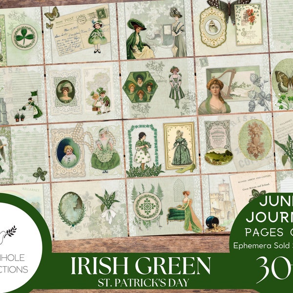 Irish Green St. Patrick's Day Junk Journal Pages—PRINTABLE—30 page kit makes 60 journal pages—lovely vintage Irish images—ephemera available