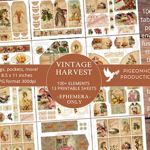 Vintage Harvest Junk Journal EPHEMERA, AFDRUKBAAR, 100+ herfst-/herfsttags, etuis, enveloppen, stickers, kieskeurige snitten, ex-libris, zakken, meer!