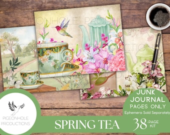 May include: A digital scrapbook kit with 38 pages featuring a spring tea theme. The pages include images of teacups, teapots, flowers, and a hummingbird. The text "JUNK JOURNAL PAGES ONLY" and "Ephemera Sold Separately" is included on the pages. The text "SPRING TEA" and "38-PAGE KIT" is included on the bottom of the image.