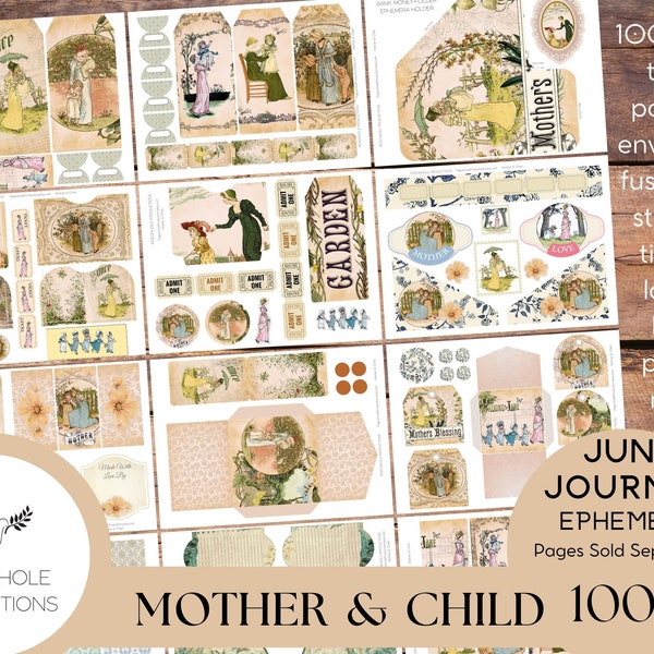 Mother & Child Junk Journal EPHEMERA, PRINTABLE, 70+ tags, tucks, pockets, envelopes, fussy cuts, stickers, tickets, labels, bookplates