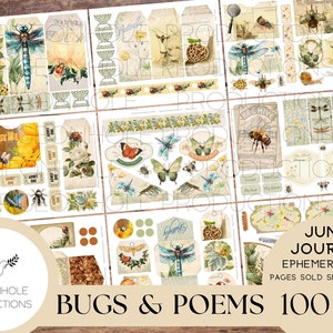 Bugs & Poems Junk Journal EPHEMERA, STAMPABILE, oltre 70 etichette, pieghe, tasche, buste, tagli pignoli, adesivi, biglietti, etichette, ex libris, altro ancora!