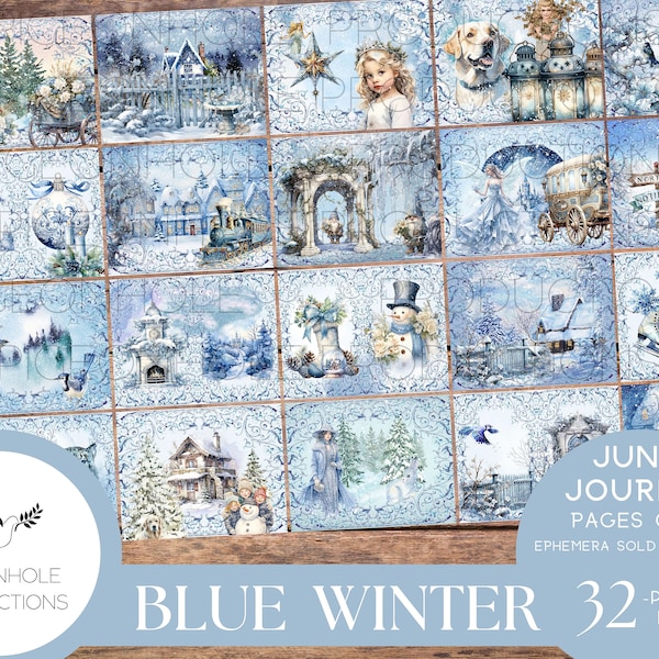 Blue Winter Junk Journal Pages, PRINTABLE, 32 collage, lined & unlined journal papers in frosty winter scenes, lovely blues, pretty images