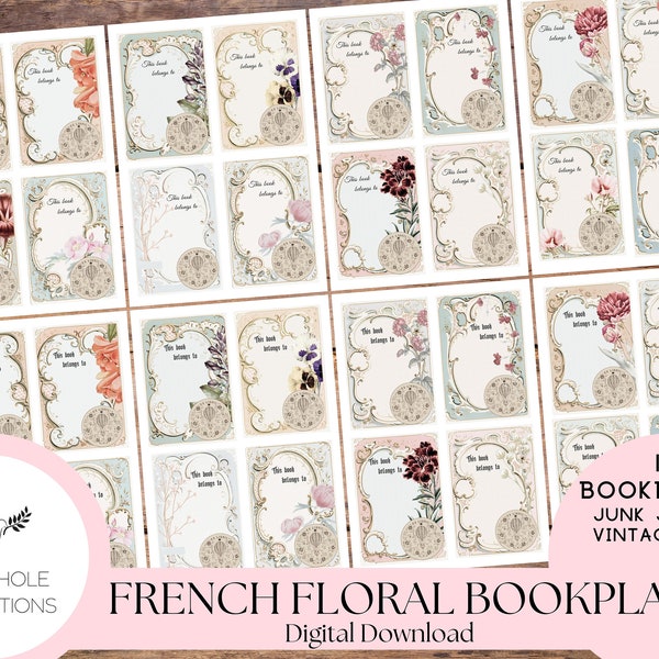 Vintage French Floral Bookplates—PRINTABLE—32 Ex Libris labels with faded flowers/florals—16 different bookplates in 2 different fonts