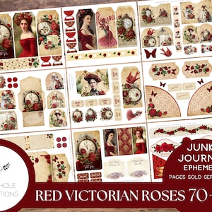 Red Victorian Roses Junk Journal Ephemera, DRUCKBAR, 70+ Tags, Biese, Taschen, Umschläge, pingelige Schnitte, Aufkleber, Tickets, Etiketten, Exlibris
