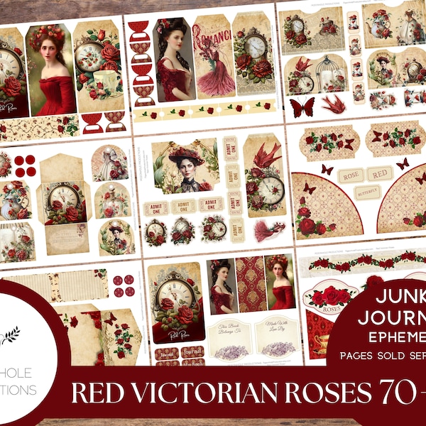 Red Victorian Roses Junk Journal EPHEMERA, PRINTABLE, 70+ tags, tucks, pockets, envelopes, fussy cuts, stickers, tickets, labels, bookplates