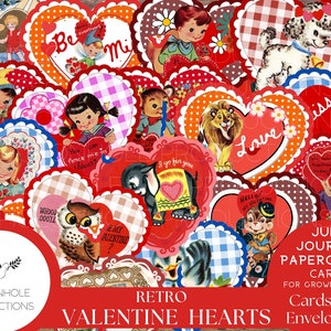 Cartões de coração retrô de São Valentim, IMPRIMÍVEIS, 24 cartões, aprox. 3,5 x 3,25 polegadas, envelope incluído, para diários de lixo, artesanato em papel, fabricação de cartões