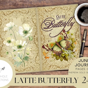 Kit solo pagine di Latte Butterfly Junk Journal, STAMPABILE, 24 collage, fogli a righe e sfoderati, splendide farfalle e fiori da creare!