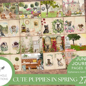 Cute Puppies In Spring Junk Journal Kit, DRUCKBAR, 26 dekorative, linierte und unlinierte Seiten, macht 52 Journalseiten, süße Welpen!