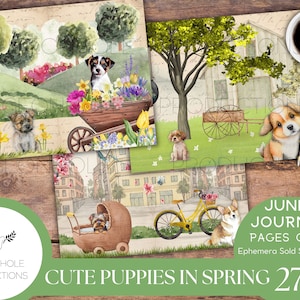 Cute Puppies In Spring Junk Journal Kit, DRUCKBAR, 26 dekorative, linierte und unlinierte Seiten, macht 52 Journalseiten, süße Welpen!
