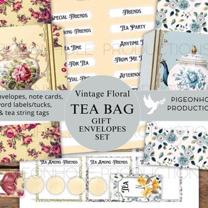 Vintage bloementheezakje envelopset, AFDRUKBAAR, 18 enveloppen, notitiekaarten, tekenreekstags, woordlabels/zakken/etuis, past op standaard theezakjes