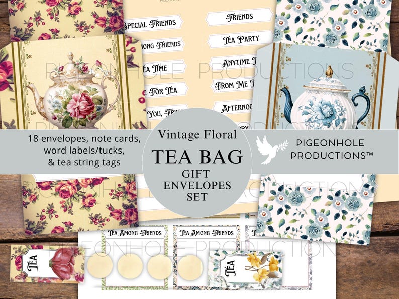 Op de afbeelding: Een set van 18 printbare theezakjes-geschenkenveloppen met een vintage bloemenontwerp. De enveloppen bevatten een theepot met bloemmotieven en de tekst "Vintage Floral Tea Bag Gift Envelopes Set" en "Pigeonhole Productions".
