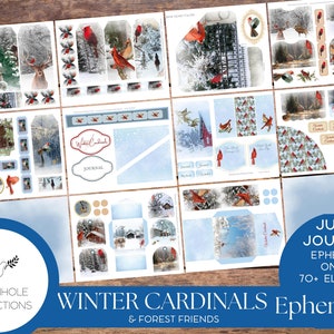 Winter Cardinal Bird Junk Journal EPHEMERA—STAMPABILE—oltre 70 etichette, pieghe, tasche, buste, tagli elaborati, adesivi, biglietti, etichette, ex libris