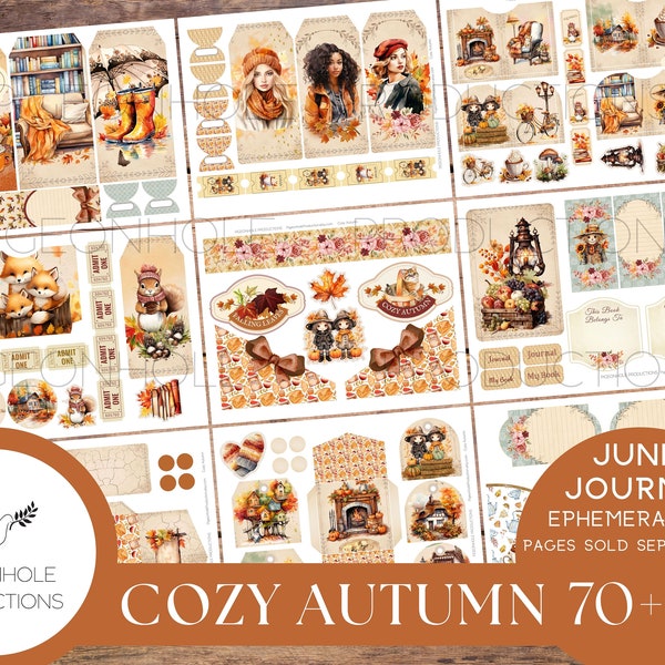 Cozy Autumn Junk Journal EPHEMERA, PRINTABLE, 70+ tags, tucks, pockets, envelopes, fussy cuts, stickers, tickets, labels, bookplates, more!