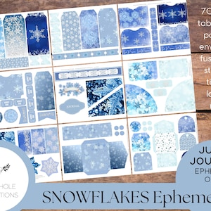 Snowflakes Junk Journal EPHEMERA - IMPRIMABLE - couleurs bleu hiver - plus de 60 étiquettes, plis, pochettes, enveloppes, onglets de page, billets, étiquettes, plus