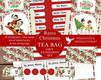 Retro Christmas Tea Bag Envelope Kit, PRINTABLE, 20 envelopes, note cards, string tags, word labels/ pockets/tucks, fits standard tea bags