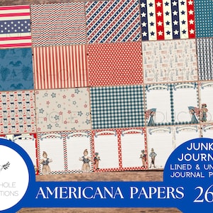 Americana Junk Journal Papers, STAMPABILE, 26 fogli in stile vintage a righe e non a righe con immagini patriottiche, per diari spazzatura fatti a mano, artigianato