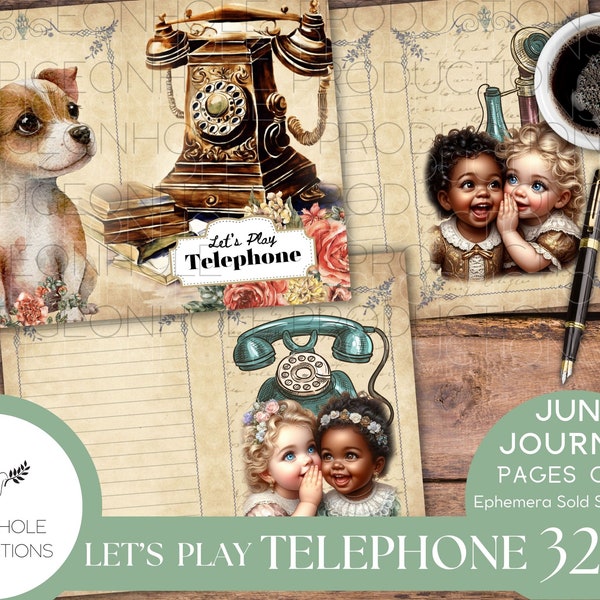 Let's Play Telephone Junk Journal Pages, PRINTABLE, 32 papers, pretty little best friend toddlers playing "telephone" in whispers, SWEET!