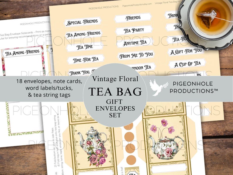 Op de afbeelding: Een set van 18 printbare theezakjes-geschenkenveloppen met een vintage bloemenontwerp. De enveloppen tonen een theepot met bloemen en een lege ruimte om een ​​bericht te schrijven. De tekst "Vintage Floral Tea Bag Gift Envelopes Set" staat bovenaan de afbeelding.