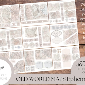 Puede incluir: Un conjunto de efímeras digitales imprimibles con mapas vintage en tonos beige y marrón. El conjunto incluye etiquetas, pestañas, pliegues, bolsillos, sobres, recortes decorativos, pegatinas, billetes, etiquetas, placas de libros y mucho más. El texto "Old World Maps Ephemera" está impreso en la parte inferior de la imagen.