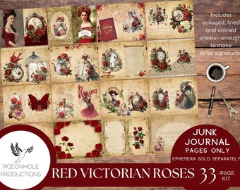 May include: A digital collage kit featuring 33 pages with red Victorian roses, clocks, and other vintage elements. The kit includes collaged, lined, and unlined sheets enough to make three signatures. The kit is titled "Red Victorian Roses 33-Page Kit".