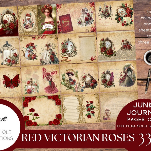 Red Victorian Roses Junk Journal Pages, PRINTABLE, 33 sheets of decorative pages, background papers and lined journal pages, deep red colors