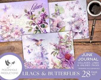 Strony dziennika śmieciowego Lilacs & Butterflies, do druku, 28 kolażowanych arkuszy, tło, podkład i liniowane arkusze dziennika w kolorze fioletowym i fioletowym, w stanie zniszczonym