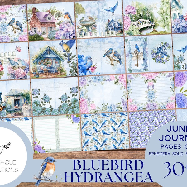 Bluebird Hydrangea Junk Journal Pages Only Kit, PRINTABLE, 30 collaged, lined and unlined sheets, sweet bluebirds and lovely hydrangeas