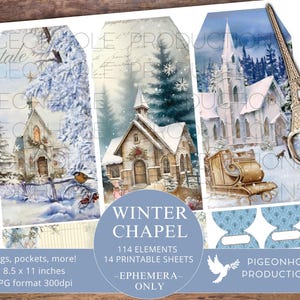 Winter Chapel Junk Journal EPHEMERA, AFDRUKBAAR, 119+ mooie winterlabels, plooien, enveloppen, stickers, kieskeurige stukken, ex-libris, zakken en meer!