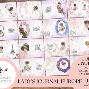 Lady's Journal Europe Junk Journal Kit—IMPRIMIBLE—24 páginas, homenaje a las ilustraciones de Harrison Fisher, además de grabados de ciudades europeas